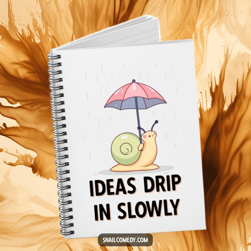 Funny snail with a tiny umbrella on a notebook cover, inspiring creativity and humor, perfect for jotting notes, a great funny gift.