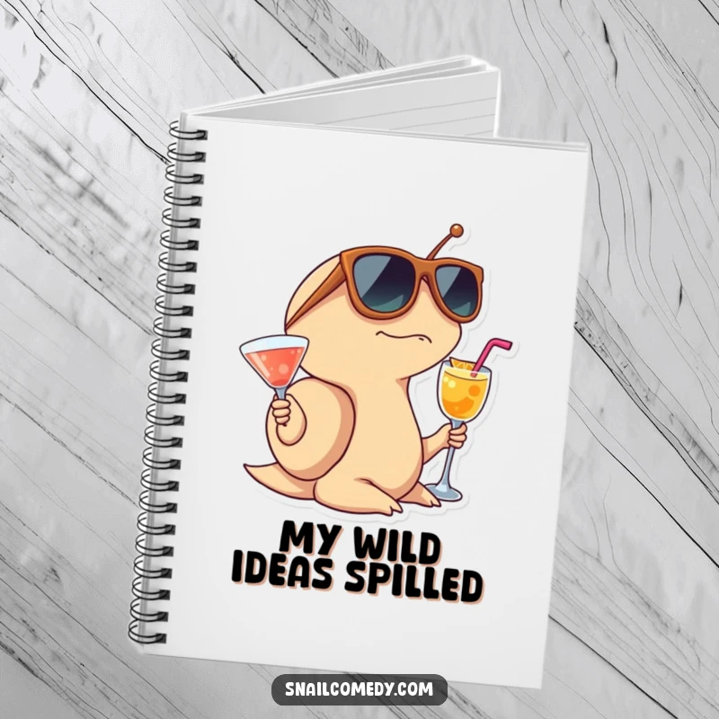 Funny Snail Notebook featuring a surprised snail wearing large sunglasses and holding a cocktail, ideal for notes.
