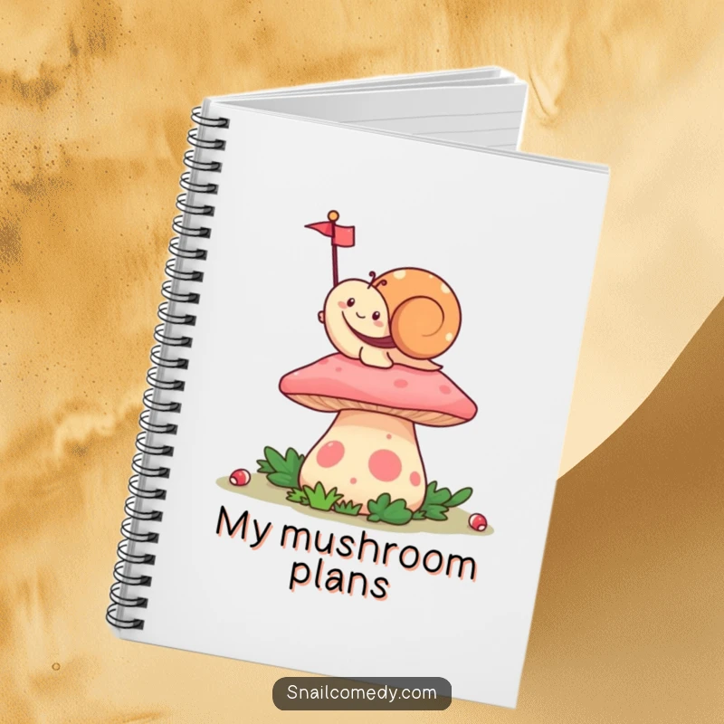Funny Waving Kawaii Snail Notebook, happily waving a tiny flag from atop a colorful mushroom, perfect for taking notes with humorous, cheerful flair.