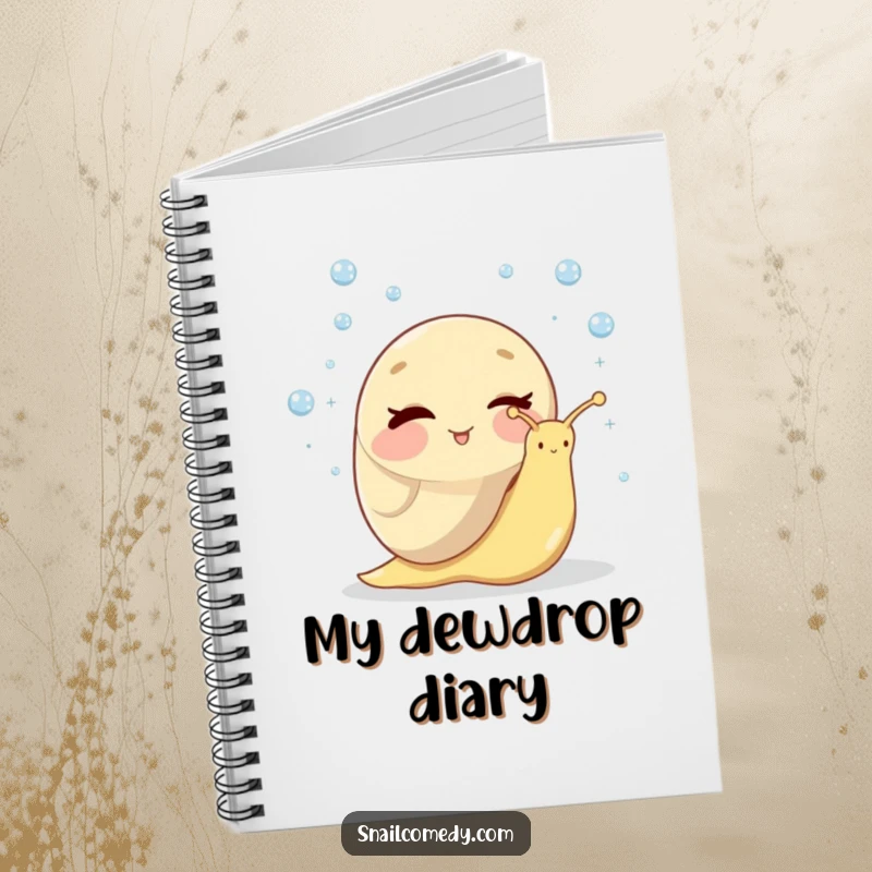 Funny notebook cover with a charming snail winking and juggling tiny dewdrops, ideal for jotting down funny thoughts and ideas.