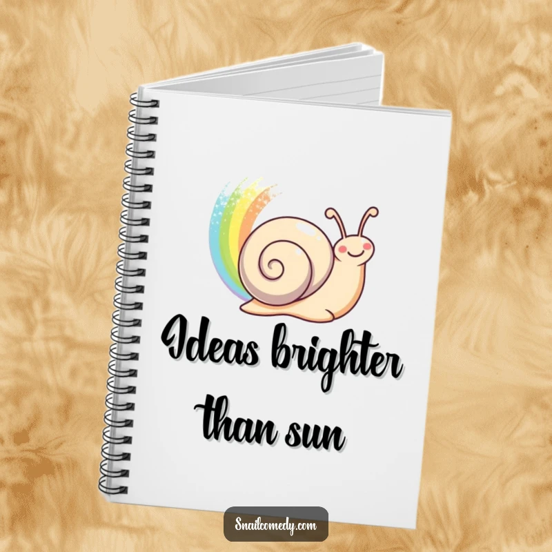 Funny happy snail leaving a shimmering rainbow trail behind on a lined notebook, a cheerful funny gift.