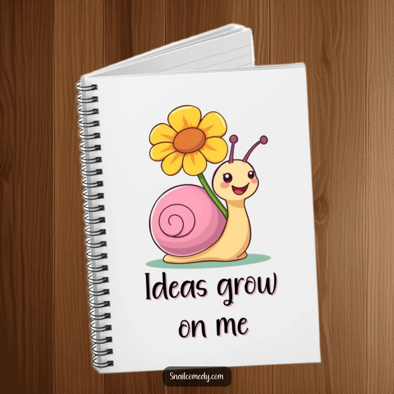 Funny notebook adorned with a snail character joyfully carrying a large, colorful flower.