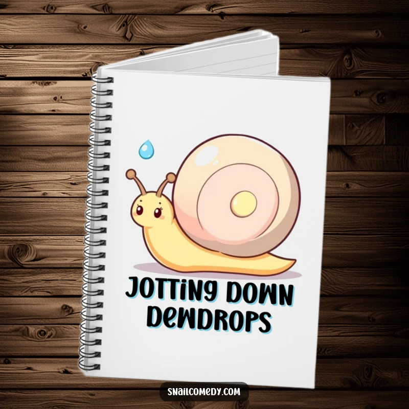 Funny kawaii snail with a shy smile, offering a glistening dewdrop, charming and humorous notebook.