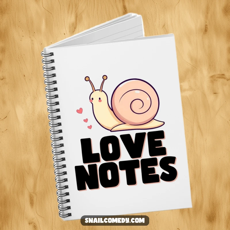 Funny Kawaii snail notebook with a cover depicting a cute snail playfully leaving a trail of little hearts as it moves, for note-taking.