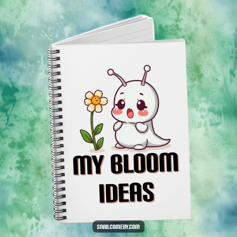 Funny notebook featuring a surprised snail and a giggling flower on the cover, perfect for journaling.