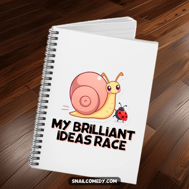 Funny notebook with a snail character joyfully racing a tiny ladybug, ideal for notes and sketches.