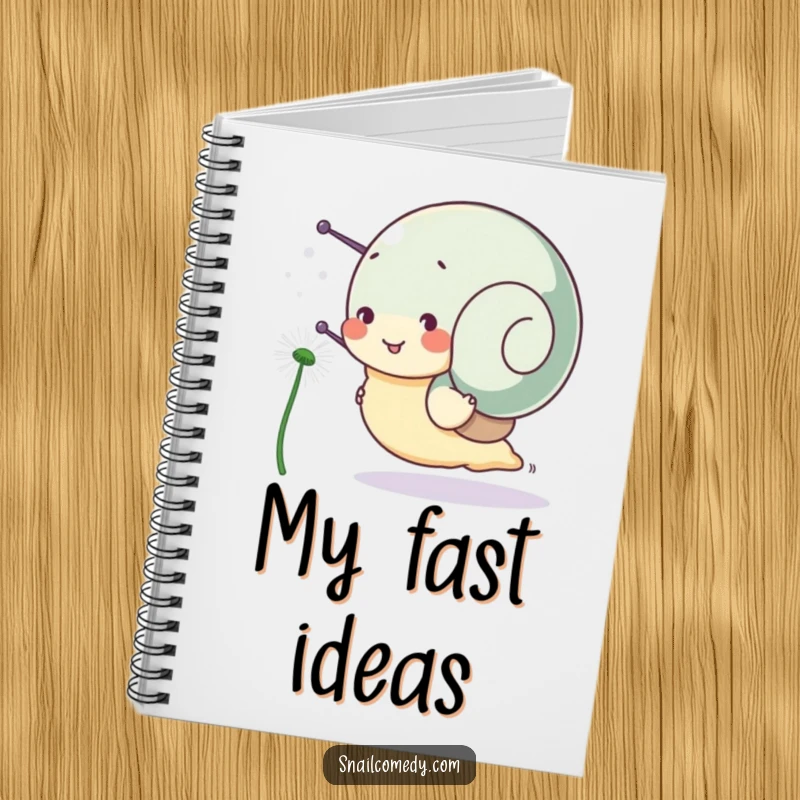 Funny snail notebook, a snail character happily races a dandelion seed, perfect for jotting down notes and ideas.