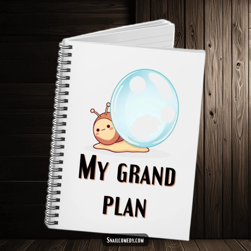 Funny Kawaii Snail Notebook, a charming snail looking with wonder at a giant dewdrop, perfect for note-taking.