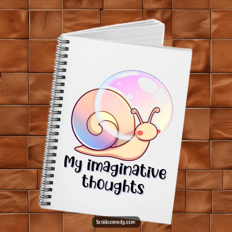 Funny notebook with a kawaii snail blowing a large, colorful, iridescent bubble.