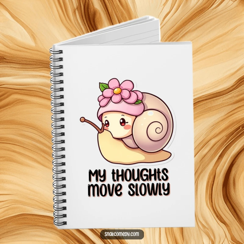 Funny kawaii snail wearing a flower hat, peeking curiously from its shell, charming and humorous notebook.