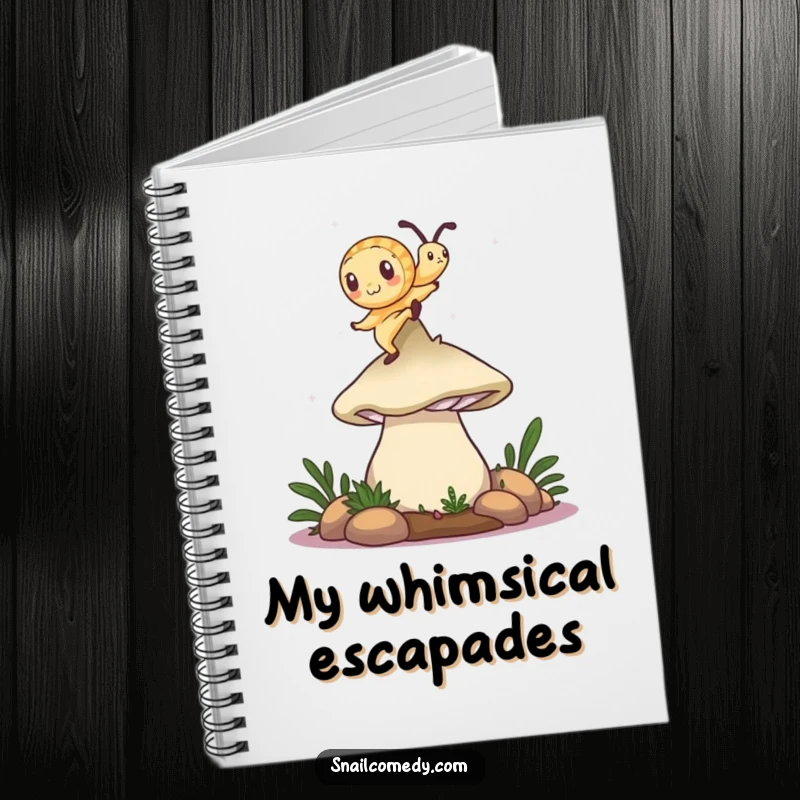 Funny snail notebook featuring a snail dancing on a mushroom cap, ideal for capturing notes and creative inspiration.