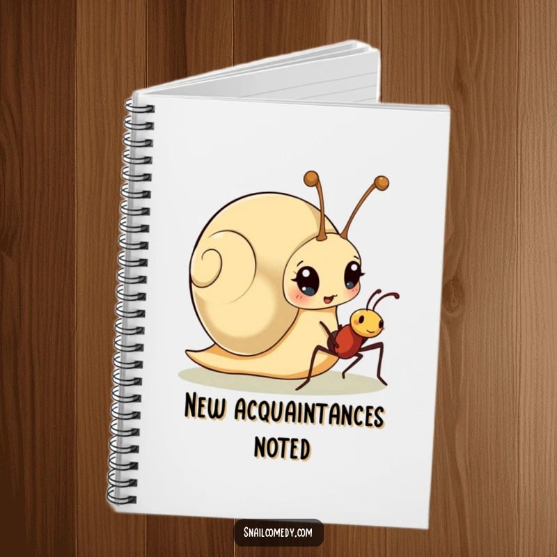 Funny notebook with a surprised snail character meeting a friendly ant, perfect for journaling unexpected thoughts or ideas.