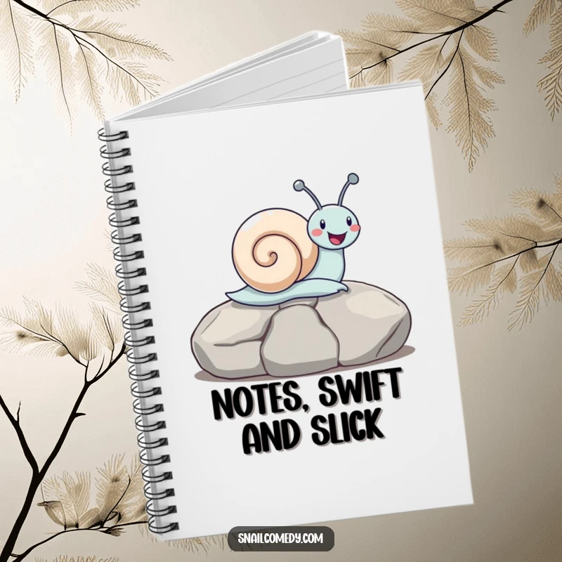 Funny snail sliding down a stone on a notebook cover, inspiring fun and creativity, great for jotting notes, a great funny gift.