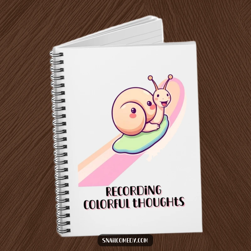 Funny snail notebook featuring a joyful snail sliding down a rainbow, ideal for journaling and note-taking with a cheerful touch.