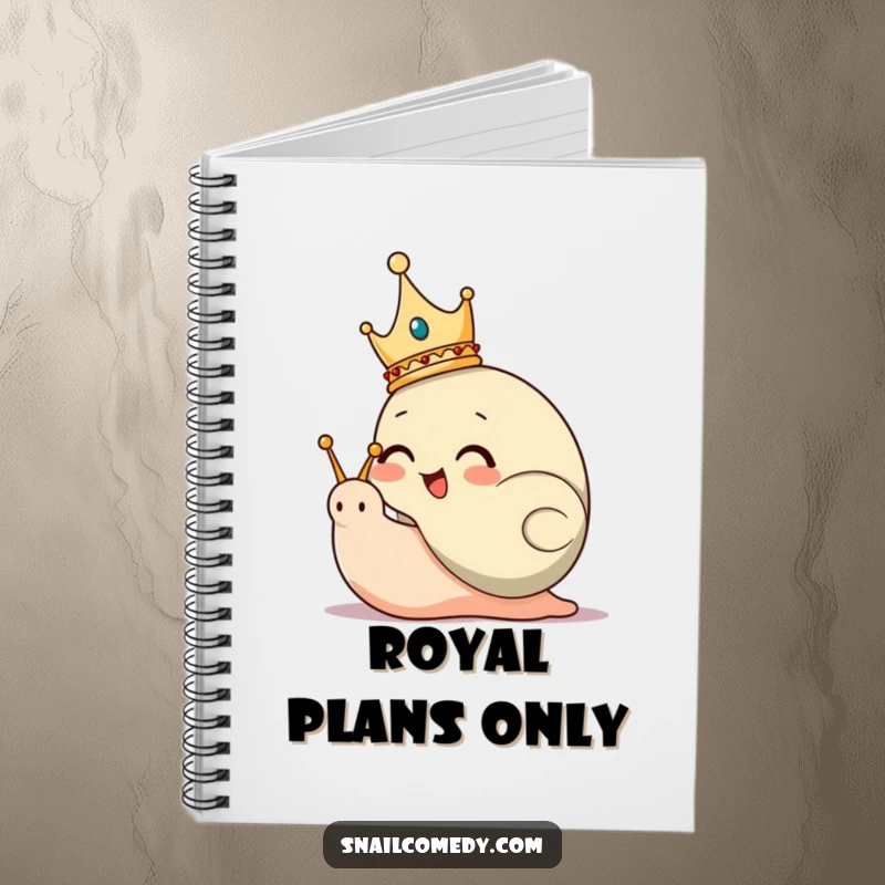 Funny Notebook with a giggling snail king character wearing a crown, inspiring royal thoughts.
