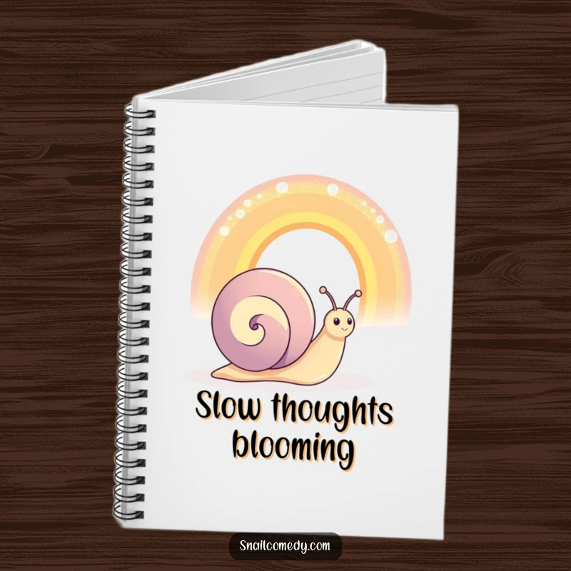 Funny happy snail character admiring an oversized, shimmering rainbow, lined notebook, great for journaling dreams.