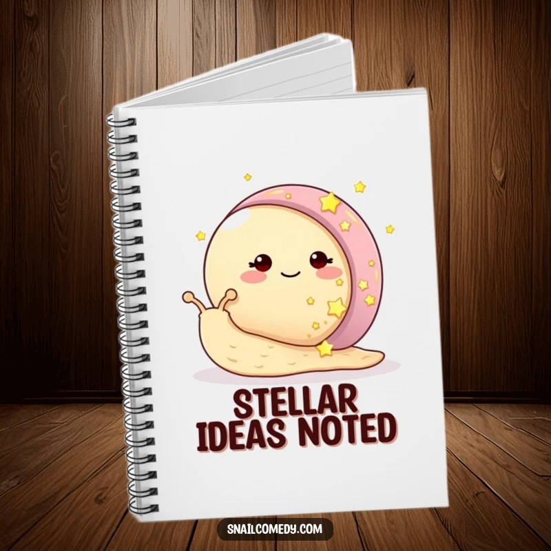 Funny snail notebook with a smiling snail adorning its shell with tiny, glowing stars, perfect for creative journaling.
