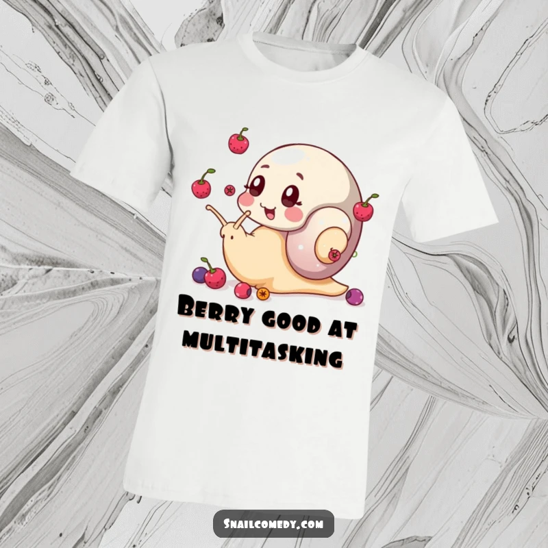 Funny snail t-shirt depicting a snail skillfully juggling tiny berries with its eye stalks, a humorous and impressive design.