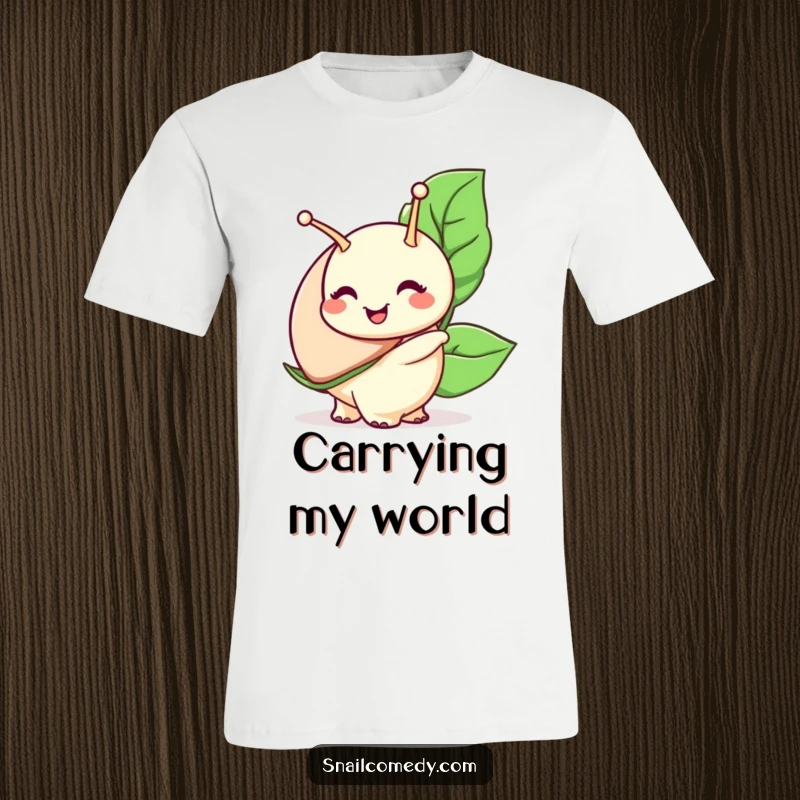 Funny snail t-shirt, a snail character beams with a wide smile while carrying a large leaf, showcasing happiness.