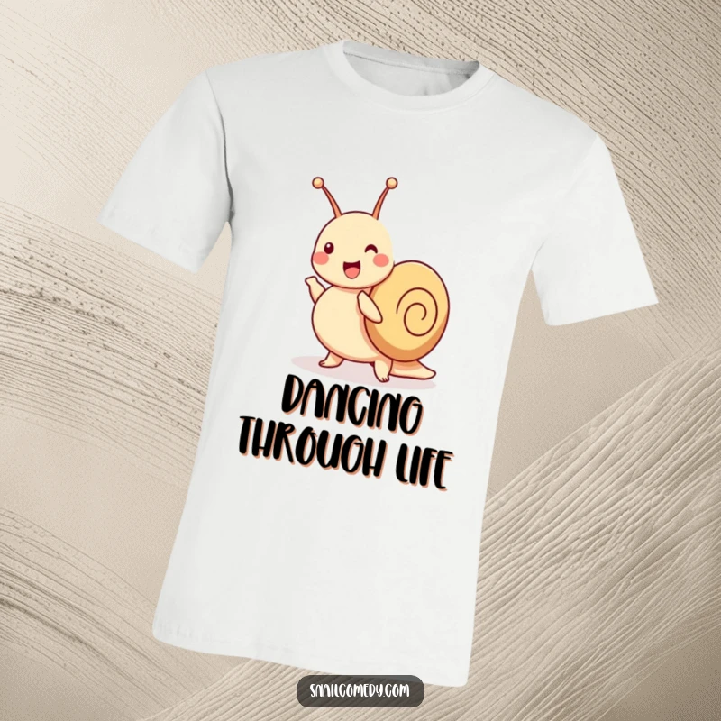 Funny snail t-shirt depicting a joyful snail dancing a jig with its antennae wiggling, showcasing pure happiness and energy.