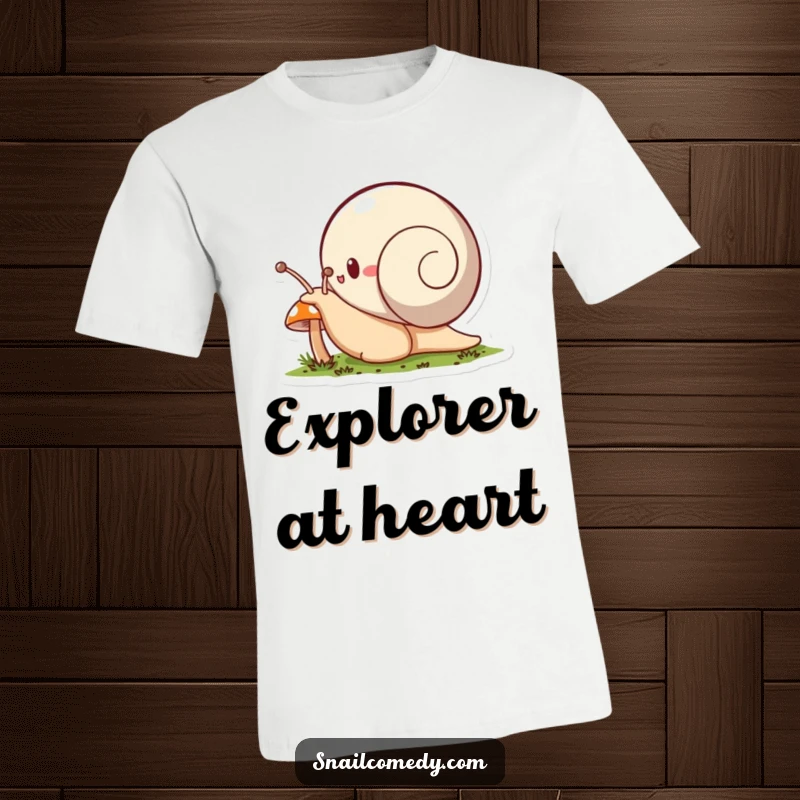Funny snail t-shirt, a snail character enthusiastically explores a tiny mushroom, depicting a sense of wonder and discovery.