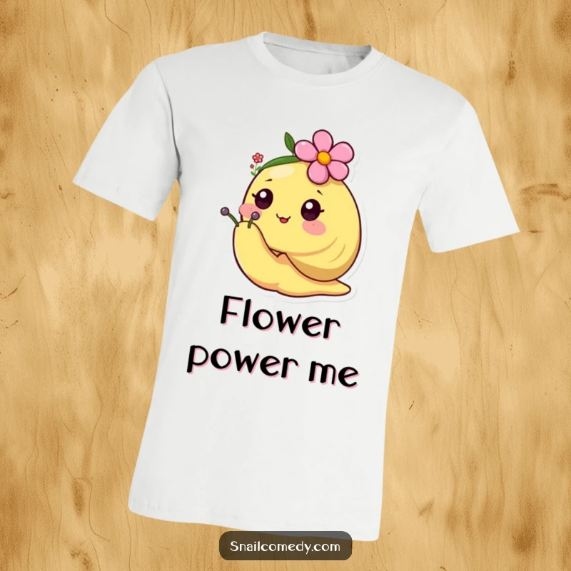 Happy kawaii snail wearing a tiny flower hat on a t-shirt, embodying cheerful cuteness.