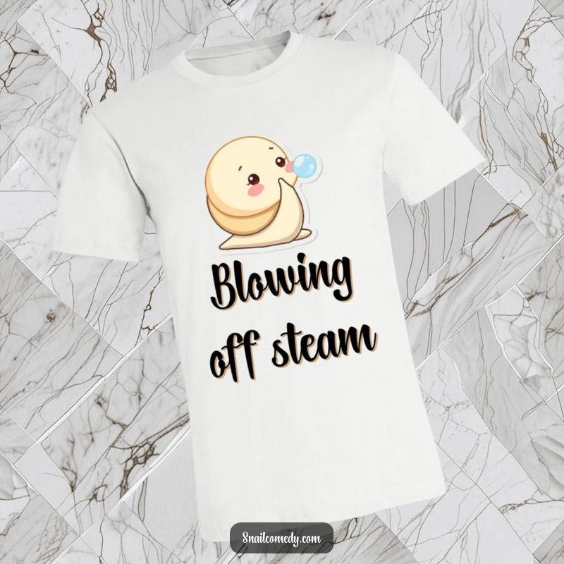 Funny t-shirt showcasing a baby snail character playfully blowing a small, ethereal bubble.