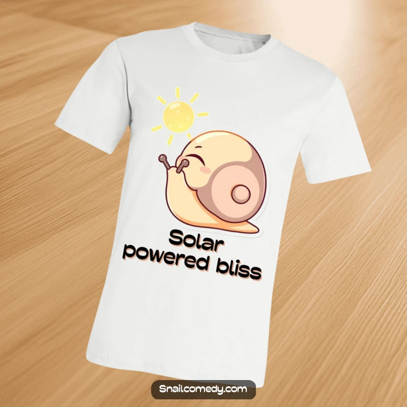 Funny t-shirt featuring a content snail character basking in a sunbeam, eyes closed in serene satisfaction, embodying peacefulness.