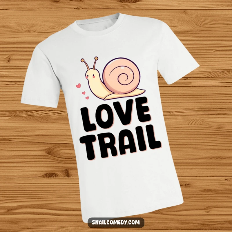 Funny Kawaii snail t-shirt depicting a cute snail playfully leaving a trail of little hearts behind it as it moves.