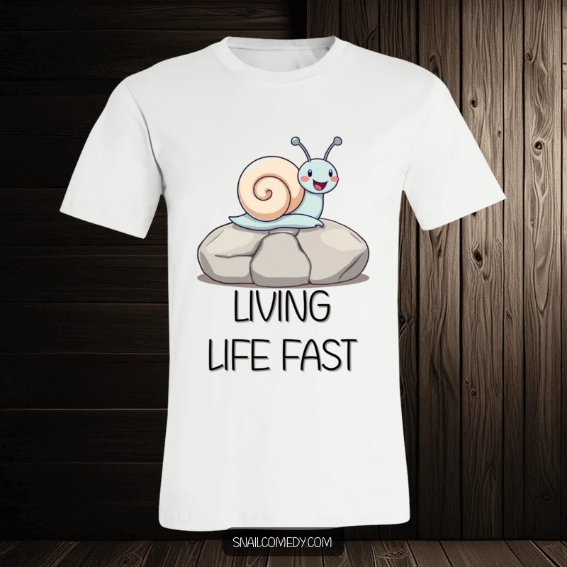 Funny snail joyfully sliding down a smooth stone on a graphic t-shirt, capturing the essence of fun, an ideal funny gift.
