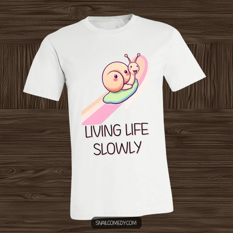 Funny snail t-shirt design of a joyful snail sliding down a rainbow, celebrating happiness and slow living, a great funny gift.