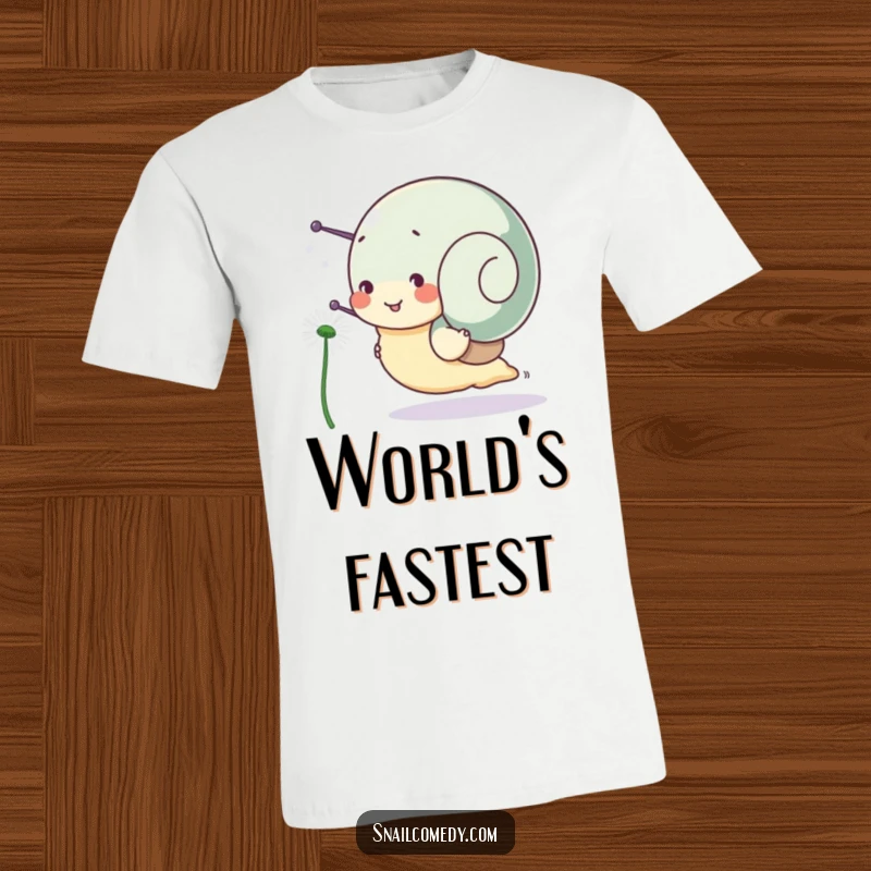 Funny snail t-shirt, a snail character happily races a dandelion seed, depicting a joyous and lighthearted competition.