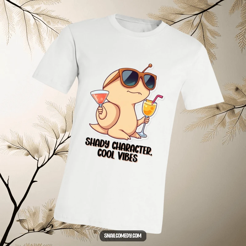 Funny Snail T-Shirt of a snail looking surprised, wearing oversized sunglasses and holding a cocktail, ready for fun.