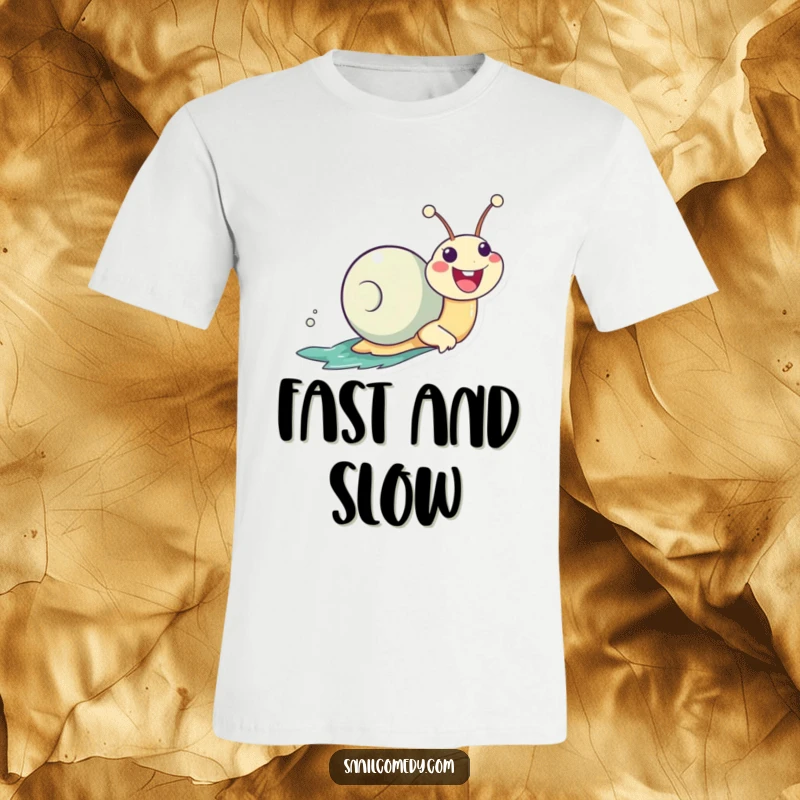 Funny Kawaii Snail T-Shirt, zooming enthusiastically on its slime trail with a huge smile, showcasing speed and cheerful humor.