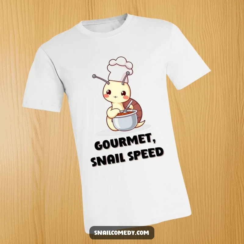 Funny snail in a chef hat stirring a tiny soup pot on a graphic t-shirt, celebrating cooking humor, a perfect funny gift.