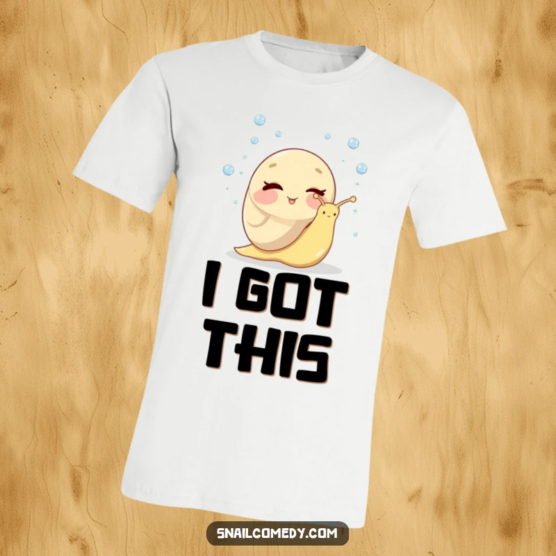 Funny t-shirt featuring a charming snail winking and skillfully juggling small, shiny dewdrops with impressive, slow-motion agility.