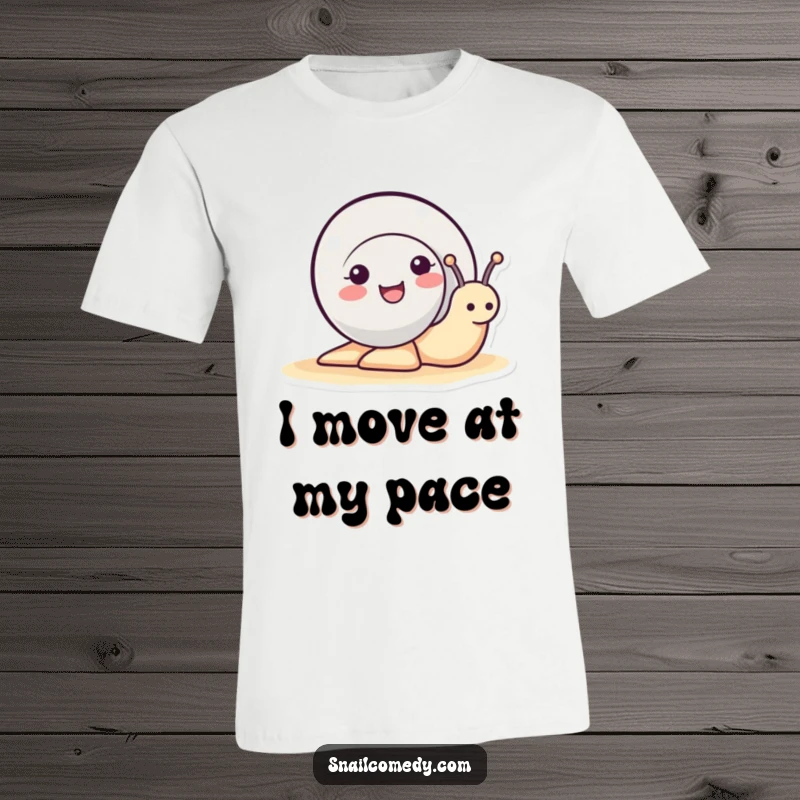 Funny cute snail peeking its head out of its shell, smiling adorably on a soft t-shirt, a perfect funny gift.