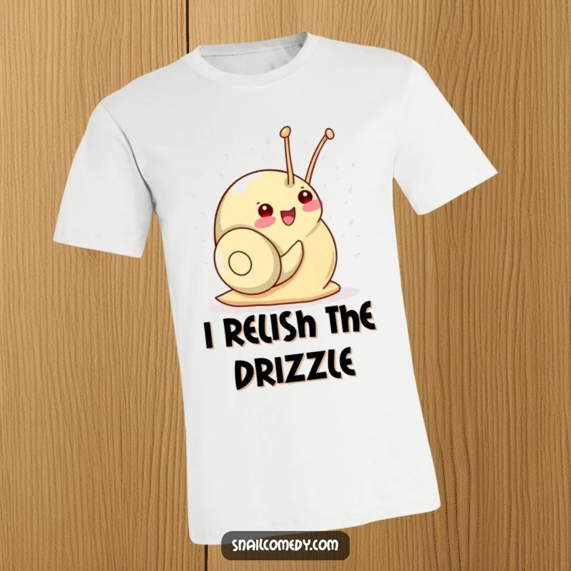 Funny Kawaii Snail T-Shirt: A cute snail gleefully enjoys a sparkling raindrop shower, full of delightful, happy energy.