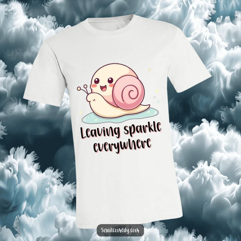Funny kawaii snail t-shirt featuring a happy snail leaving a sparkling slime trail, embodying positivity and slow, joyful progress.