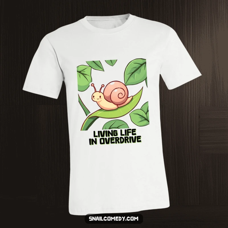 Funny, energetic snail character in mid-slide down a slippery leaf, printed on a t-shirt for a humorous and dynamic look.