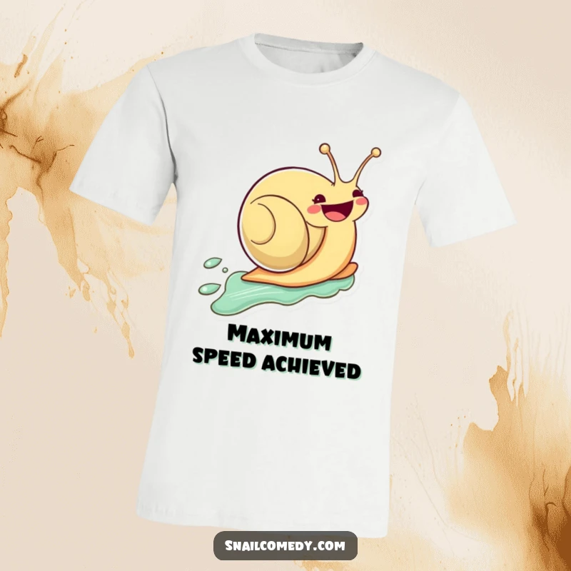 Funny Kawaii Snail T-Shirt: Cute snail zooming fast on slime with a huge grin, perfect funny gift.