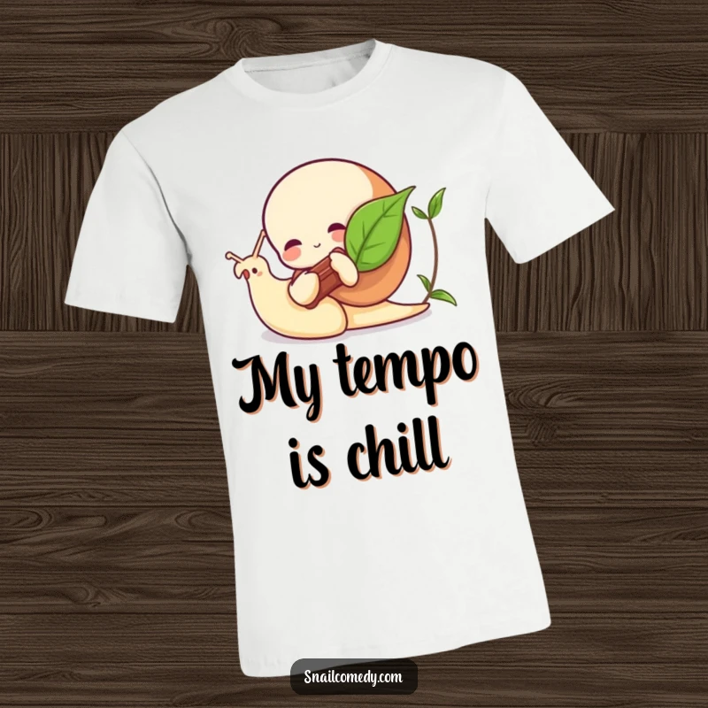 Funny snail t-shirt showing a snail musician playing a leaf as a tiny instrument, a whimsical and artistic tee.