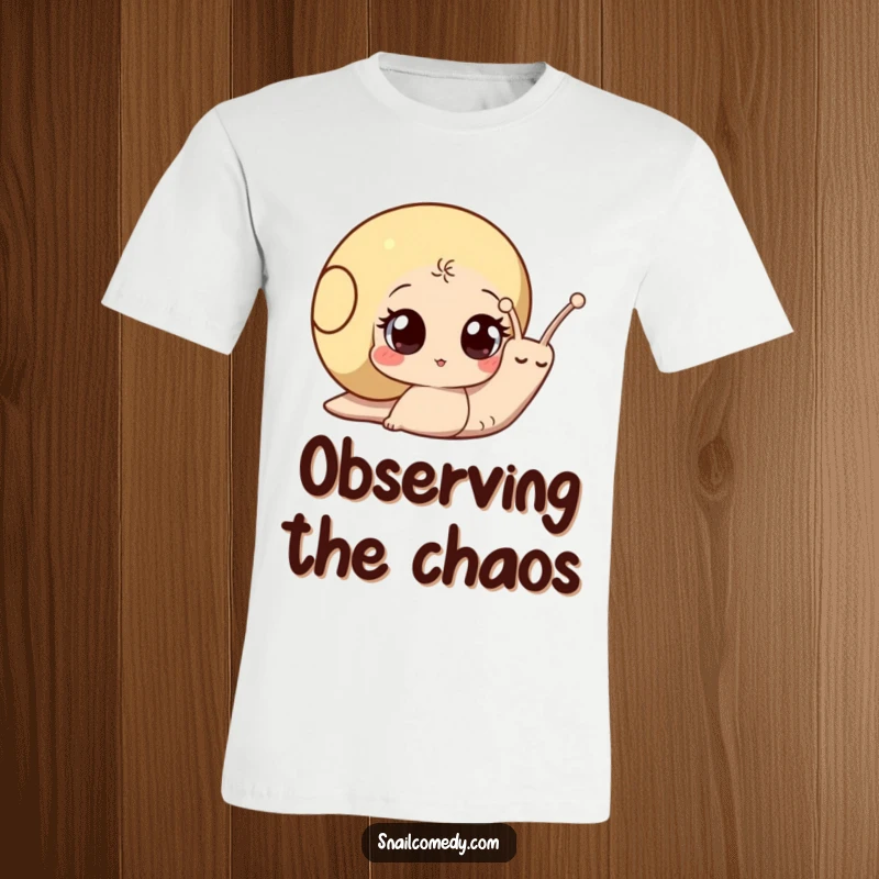 Funny snail t-shirt showing a curious snail with big, expressive eyes peeking out from its shell, full of wonder.