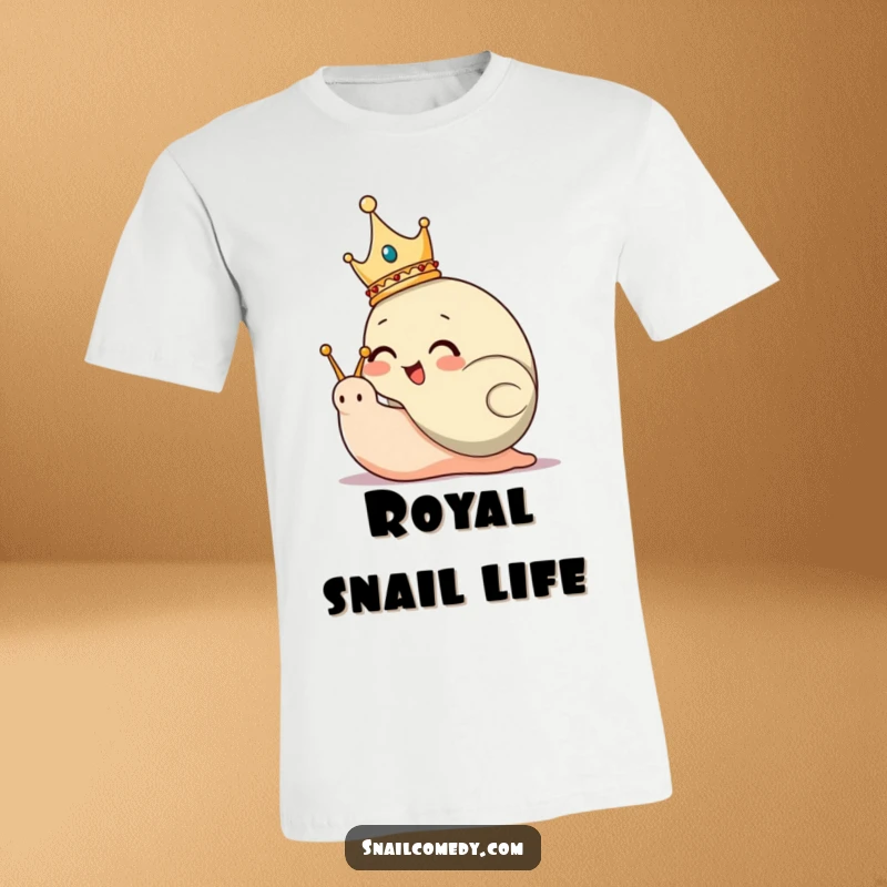 Funny T-Shirt depicting a giggling snail character donned in a tiny crown, surveying its tiny kingdom.