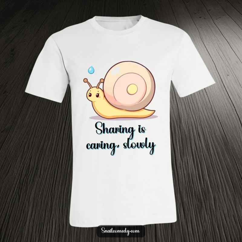 Funny kawaii snail with a shy smile, offering a glistening dewdrop, adorable and humorous t-shirt.