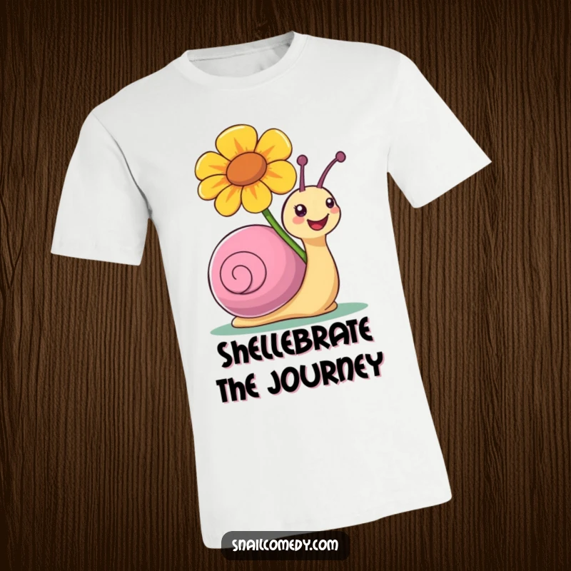 Funny t-shirt depicting a snail character joyfully transporting a big, colorful flower on its shell.