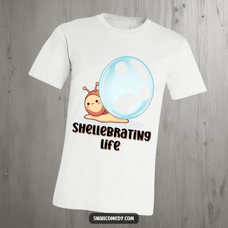 Funny Kawaii Snail T-Shirt, a cute snail curiously examining a giant dewdrop with wonder, perfect for a whimsical gift.