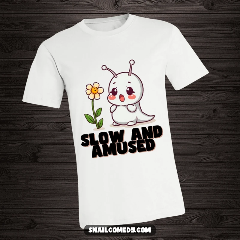 Funny t-shirt design: a surprised snail recoils from a playfully giggling flower.