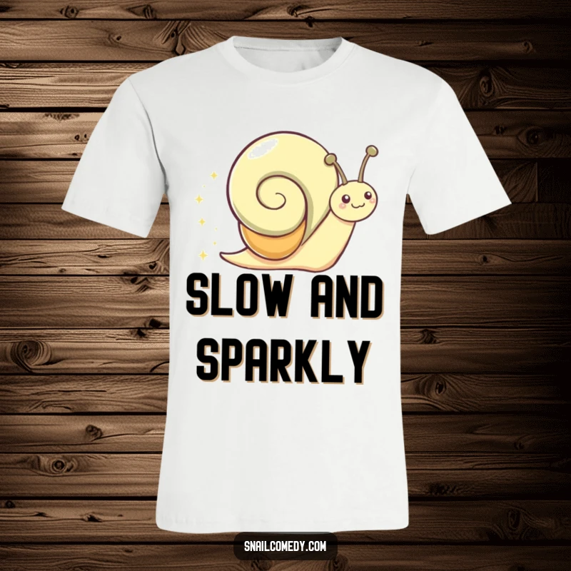 Funny T-Shirt showcasing a playful snail character gleefully sliding forward, leaving a shimmering, sparkly trail.