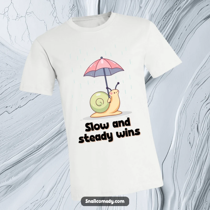 Funny snail character holding a small umbrella, walking through rain drops, a humorous graphic tee for a funny gift.